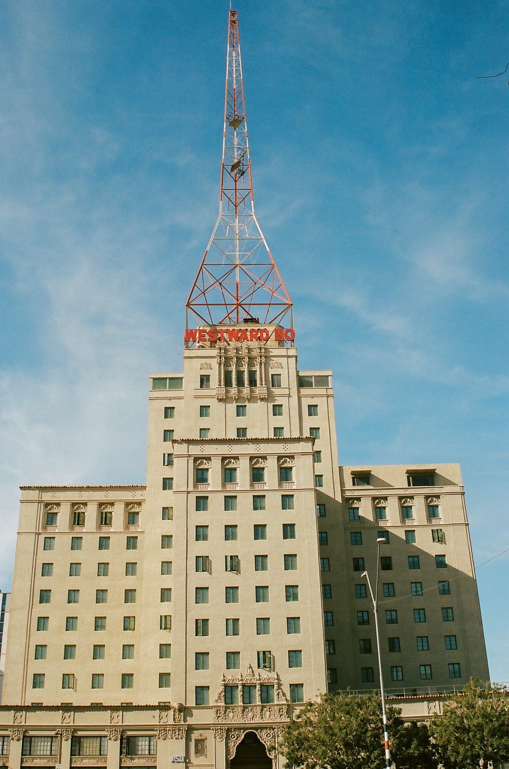 Wider angle shot of the Westward Ho building's facade in Downtown Phoenix.