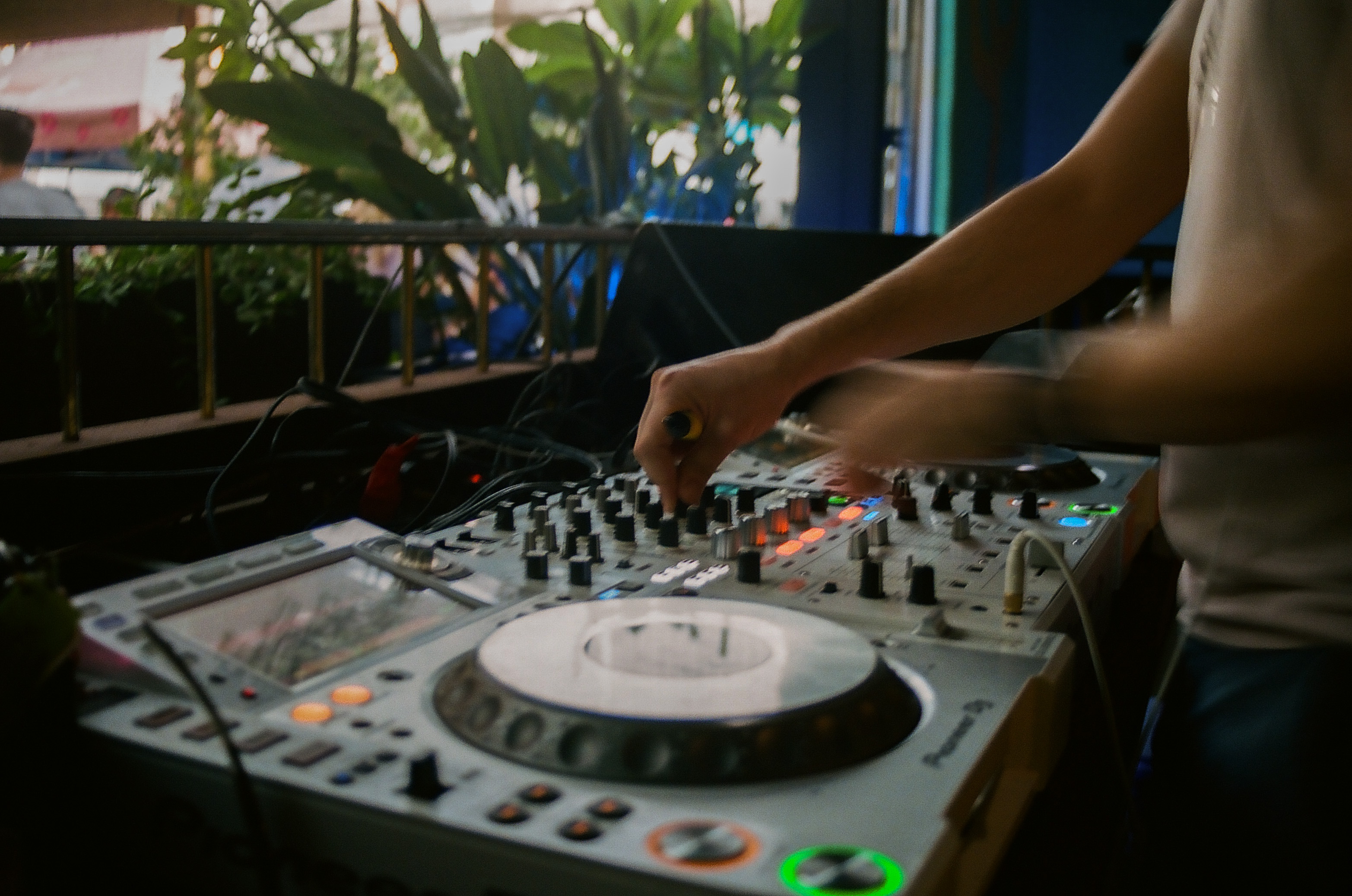 Close up shot of the DJ and his deck during Sunday brunch at Sunbar in Tempe.