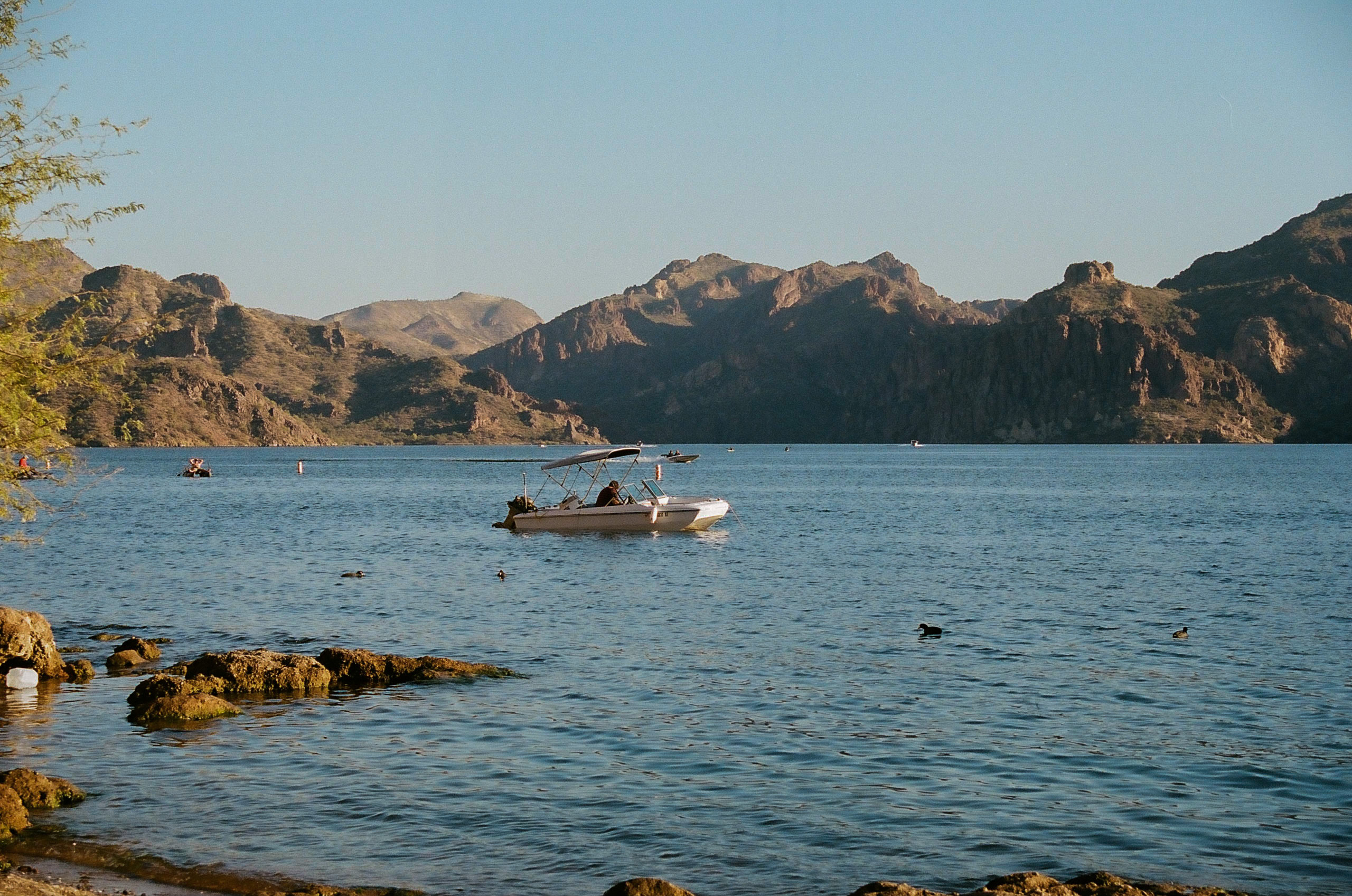 Small boat sits near the shore of Saguaro Lake.