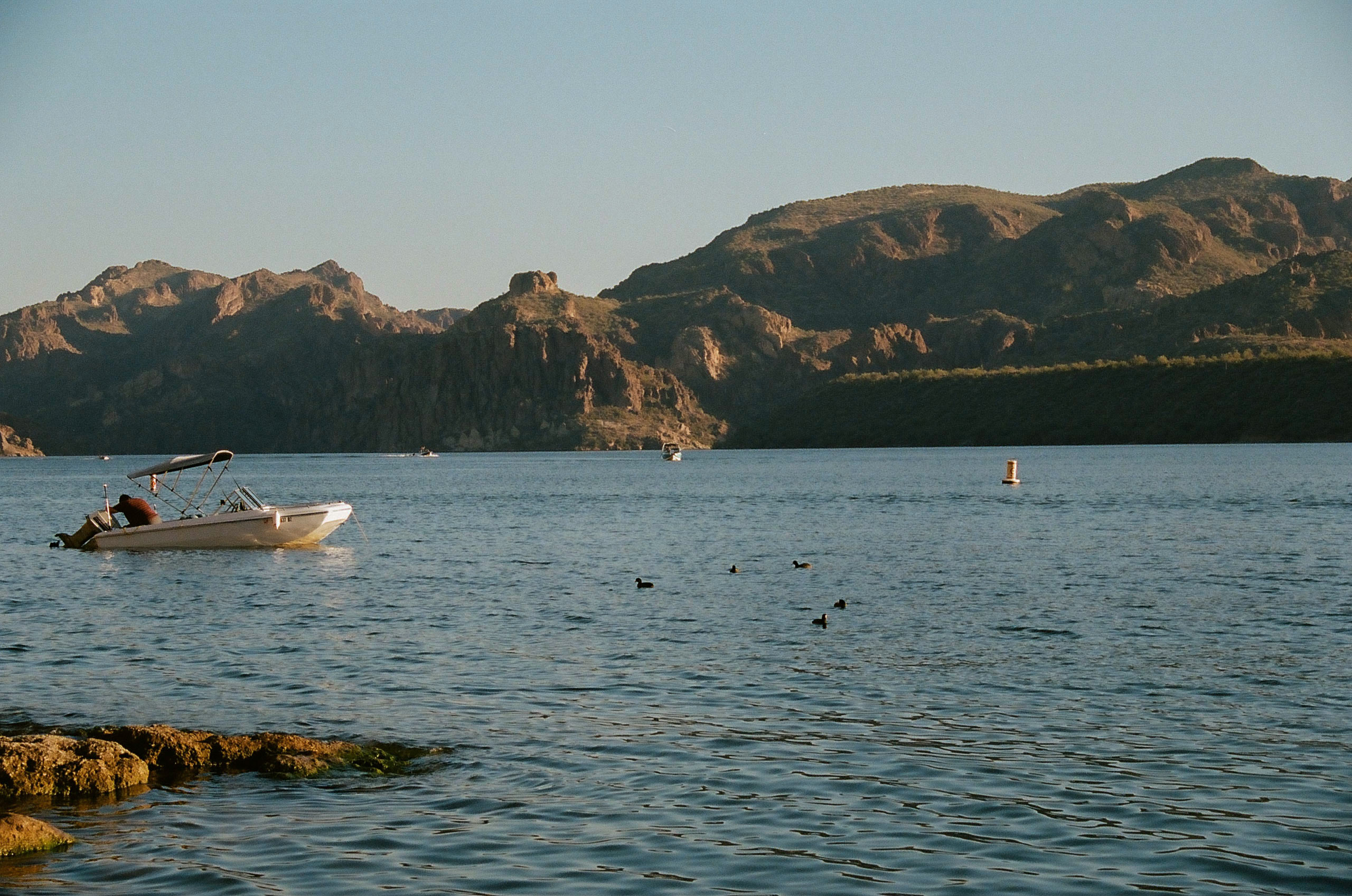 Small boat sits near the shore of Saguaro Lake.